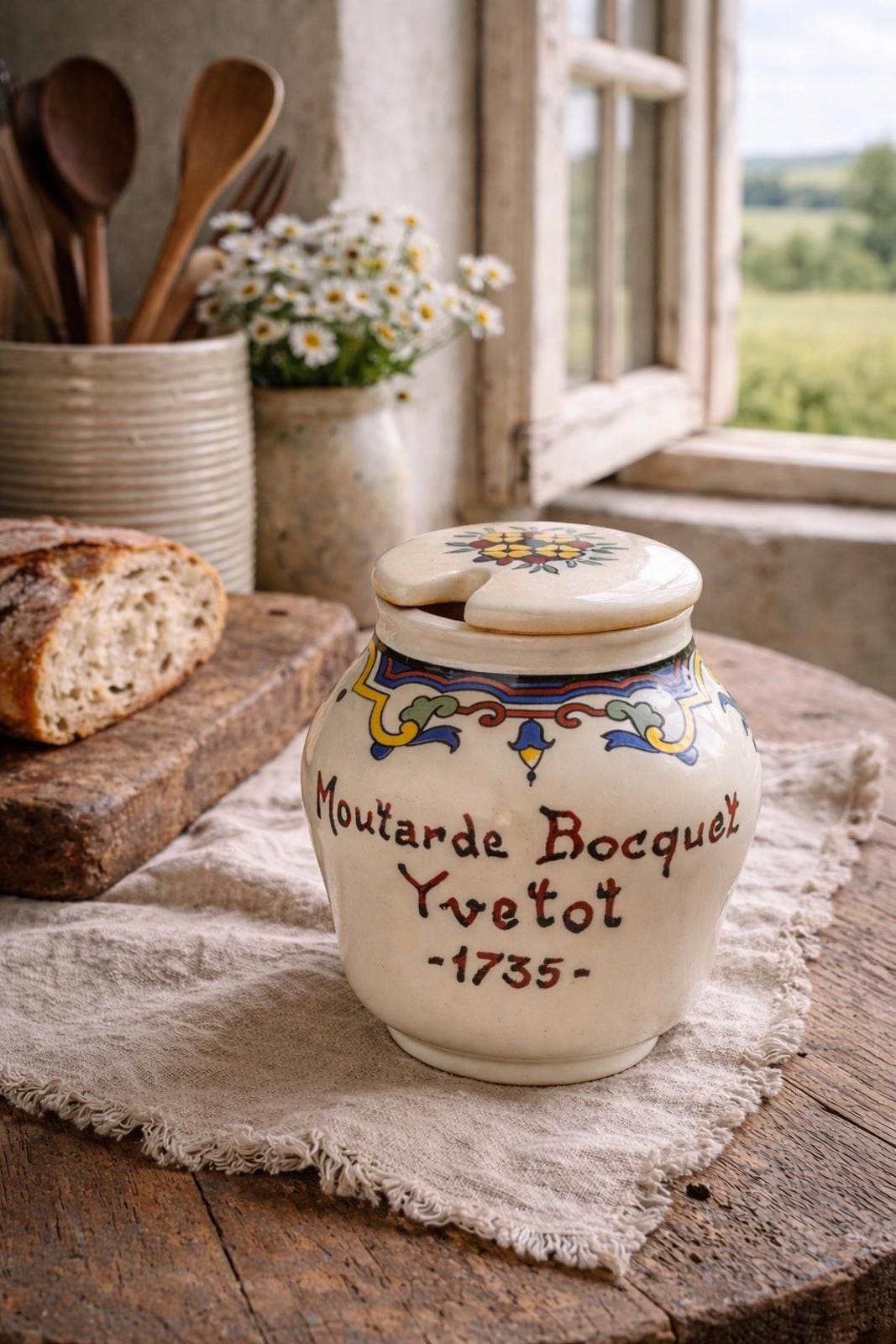 Moutarde Bocquet Yvetot France 1950s Ceramic 1735 Mustard Pot, 2x3