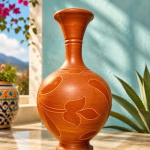 Pepe Suelto 1970s Incised Floral Terracotta Bottle Vase, 3x10”
