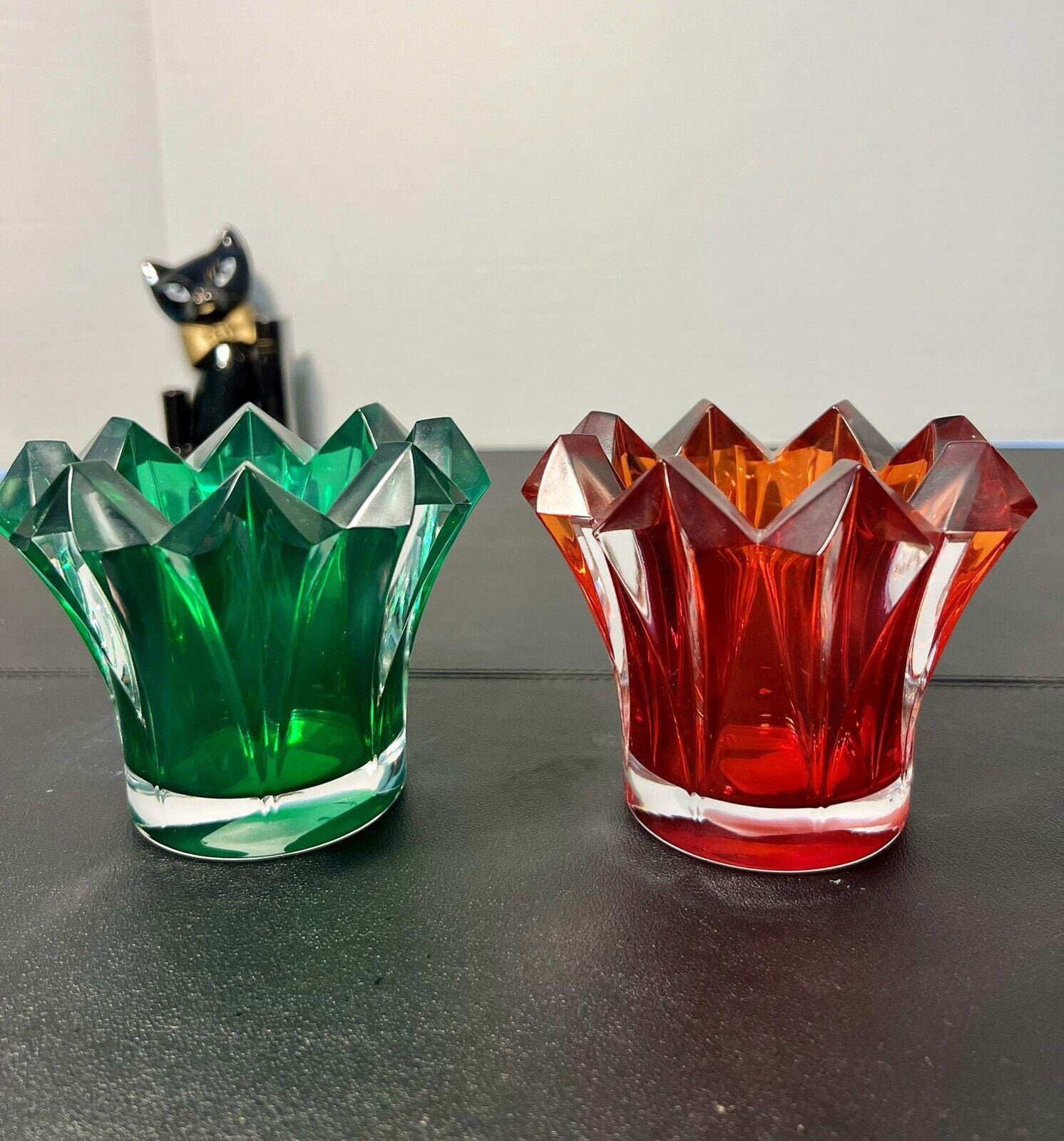 Mikasa Vintage 1990s Skyline Green Red Crystal Candle Holders