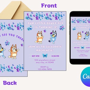 Invito alla festa di compleanno per ragazza Bluey-fly Blue Dog
