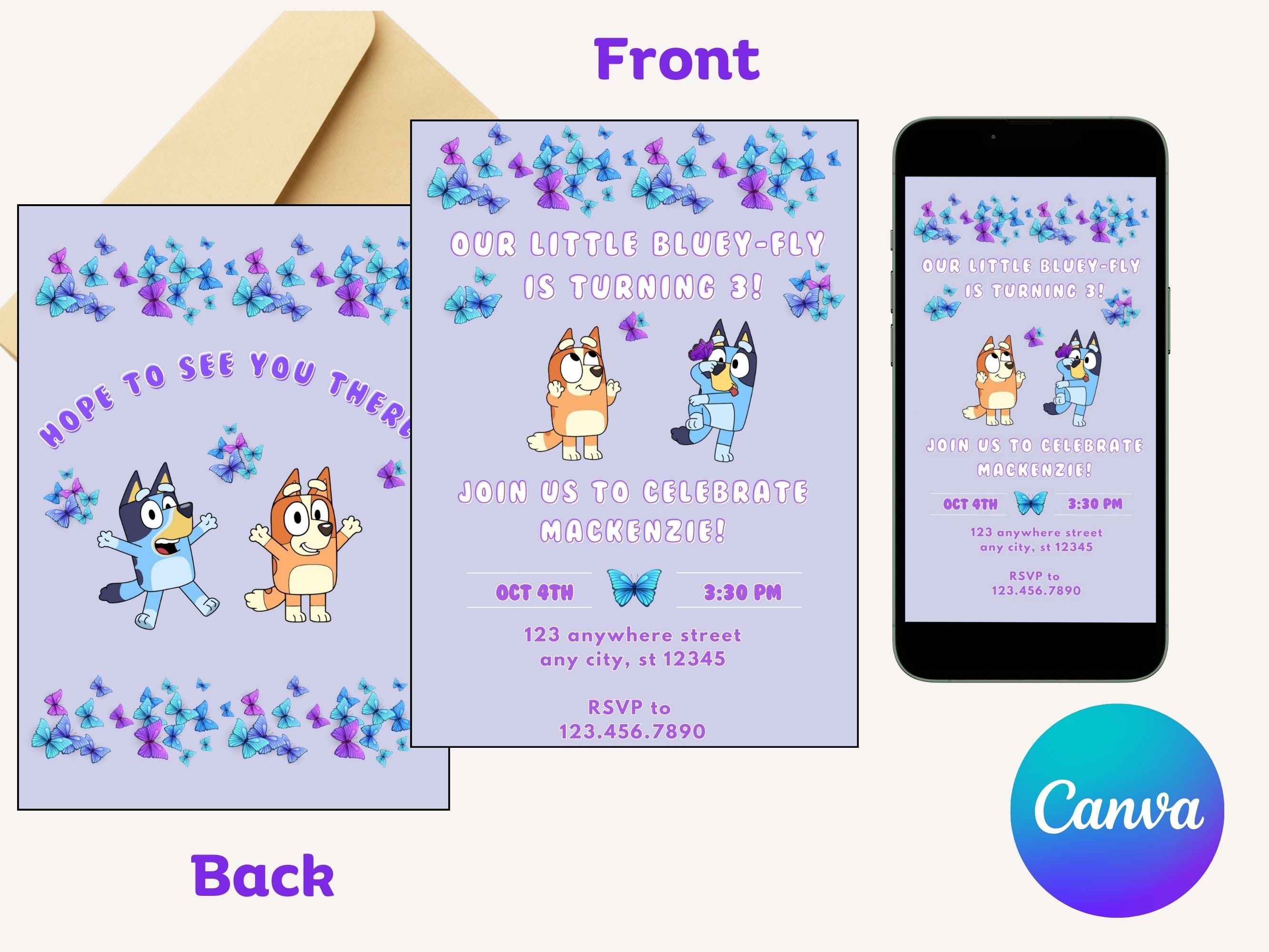 Girl Bluey-fly Birthday Invitation Template