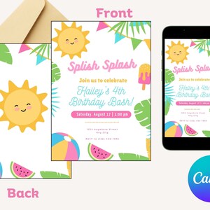 Custom Girl Pool Birthday Party Invitation Editable Canva Template Digital Water Themed Invite for Kids Instant Download Splish Splash