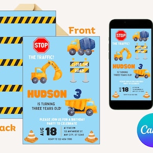 Boy Construction Birthday Party Invitation Editable Canva Template Digital Construction-Themed Invite for Kids Instant Download