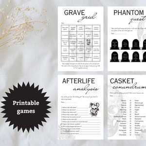 Op de afbeelding: Printbare Halloween-feestspellen met griezelige afbeeldingen. De spellen omvatten "Grave Grid", "Phantom Quest", "Afterlife Analysis" en "Casket Conundrums".