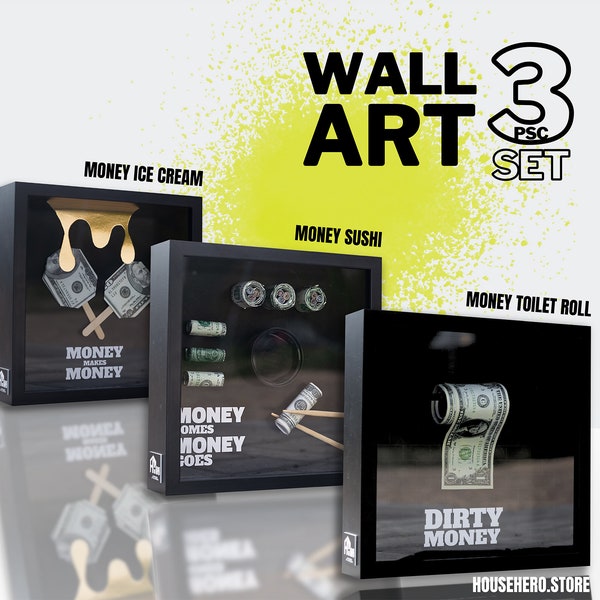 Set limitato di 3 opere d'arte Serie Money - Cornici quadrate con motivo dollaro