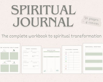 May include: A digital printable workbook titled "Spiritual Journal: The complete workbook to spiritual transformation." The workbook includes pages for 30 minutes of self-care, tarot journaling, meditation, blocked chakra, and personal mantras.