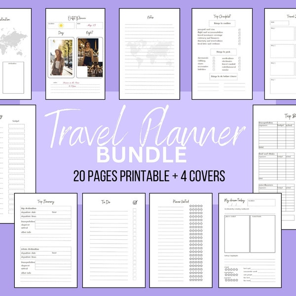 Printable Travel Planner: 20 Templates, Trip & Vacation Organizer, Roadtrip Diary Printable, Holiday journal, and packing list