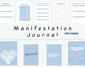 May include: A blue and white manifestation journal with a cover featuring a tree with white branches and a blue background. The text "Manifestation Journal" is printed on the cover. The journal is designed to help people manifest their dreams and goals.