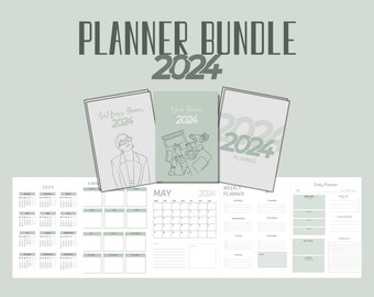 May include: A set of three 2024 planners with different designs. The first planner has a green background with the text "Jul Boss Planner 2024" and a line drawing of a woman wearing sunglasses. The second planner has a green background with the text "The Planner 2024" and a line drawing of a hand holding a camera. The third planner has a green background with the text "2024 Planner".