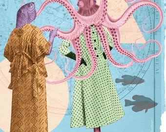 Octopus Wall Art, Whimsical Underwater Print, Bathroom Decor