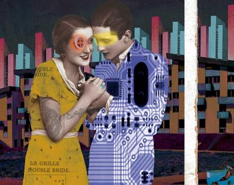 Collage Art Moon Couple, Romantic Night Wall Print, Love Home Decor