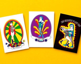 Wrestling Postcard Set, Female Old Wrestler Art, Retro Pop Art Women