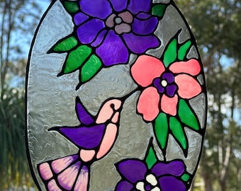 Atrapasol de colibrí pintado a mano, adorno floral exótico para ventana