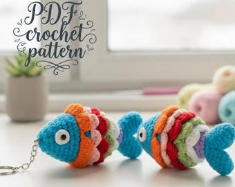 Crochet Fish Keychain Pattern, Rainbow Amigurumi PDF, Beginner Animal Keyring (Instant Download)