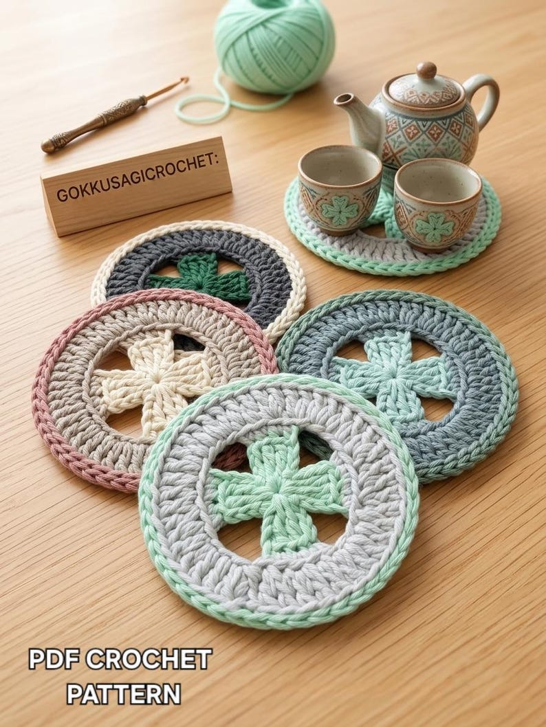 K&ouml;nnte beinhalten: Eine Sammlung handgefertigter H&auml;keluntersetzer in verschiedenen Farben, darunter Grau, Rosa und Gr&uuml;n, mit einem kreuzf&ouml;rmigen Design in der Mitte. Das Bild zeigt auch eine Teekanne, Teetassen und ein Holzschild mit der Aufschrift "GOKKUSAGICROCHET:" und dem Text "PDF CROCHET PATTERN".