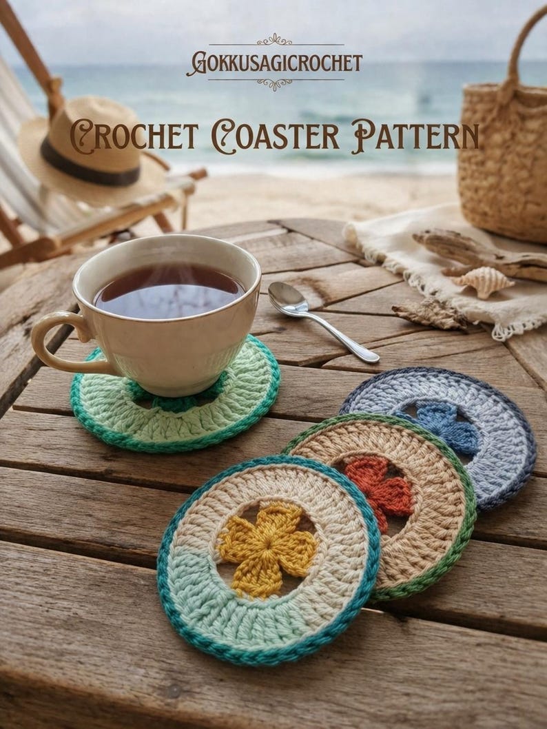 K&ouml;nnte beinhalten: Eine Tasse Tee steht auf einem gr&uuml;nen H&auml;keluntersetzer, mit drei weiteren Untersetzern in verschiedenen Farben. Die Untersetzer haben ein Blumendesign in der Mitte. Das Bild enth&auml;lt auch den Text "GOKKUSAGICROCHET" und "CROCHET COASTER PATTERN".