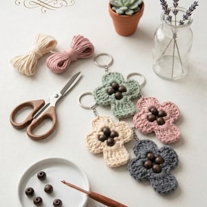 May include: Handmade crochet flower keyrings in shades of green, pink, beige, and grey, each with wooden bead embellishments. The image includes craft items such as scissors, yarn, and a crochet hook, with the text "PDF crochet pattern".