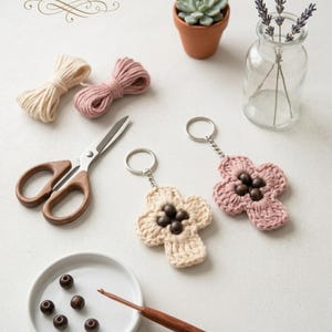 May include: A still-life image featuring crochet supplies and finished keychains. The scene includes a small succulent in a terracotta pot, a glass vase with lavender, and two crochet flower keychains with wooden bead centers. The text "PDF crochet pattern" is at the top.