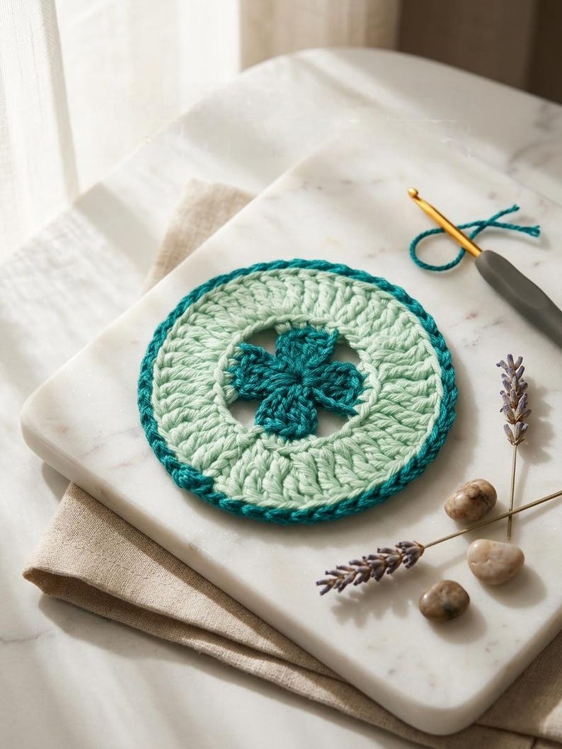 K&ouml;nnte beinhalten: Handgefertigter H&auml;keluntersetzer in T&uuml;rkis und Mintgr&uuml;n mit einem vierbl&auml;ttrigen Kleeblatt-Design in der Mitte. Der Untersetzer liegt auf einer Marmoroberfl&auml;che, daneben eine H&auml;kelnadel und Lavendelzweige. Ein Bastelprojekt.