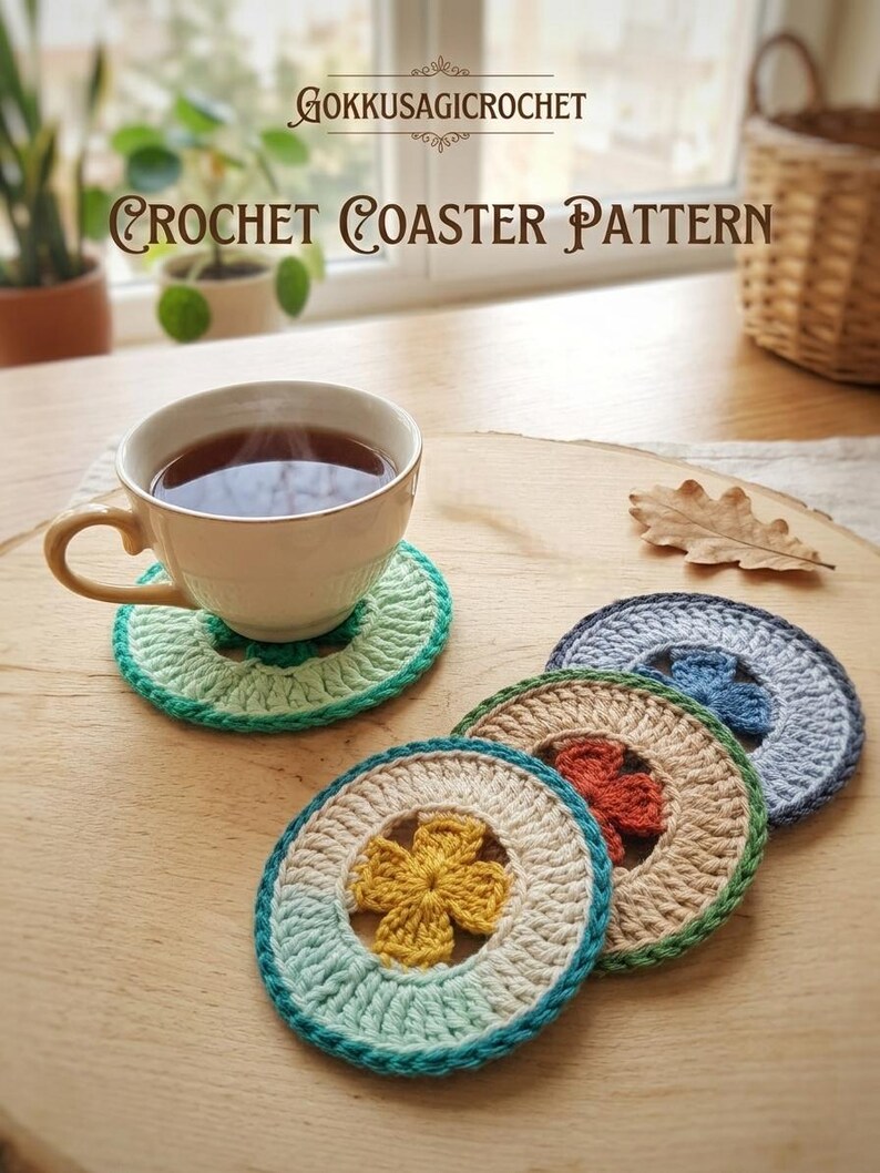 K&ouml;nnte beinhalten: Eine Tasse Tee steht auf einem gr&uuml;nen geh&auml;kelten Untersetzer, mit mehreren anderen bunten Untersetzern in der N&auml;he. Die Untersetzer sind kreisf&ouml;rmig mit einem Blumenmuster in der Mitte. Der Text "GOKKUSAGICROCHET CROCHET COASTER PATTERN" ist sichtbar.