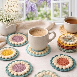 May include: A collection of handmade crochet coasters in various colors, including yellow, teal, and purple. The coasters are arranged around a coffee mug and a stack of coasters tied with twine. The text "PDF Crochet Pattern" is visible.