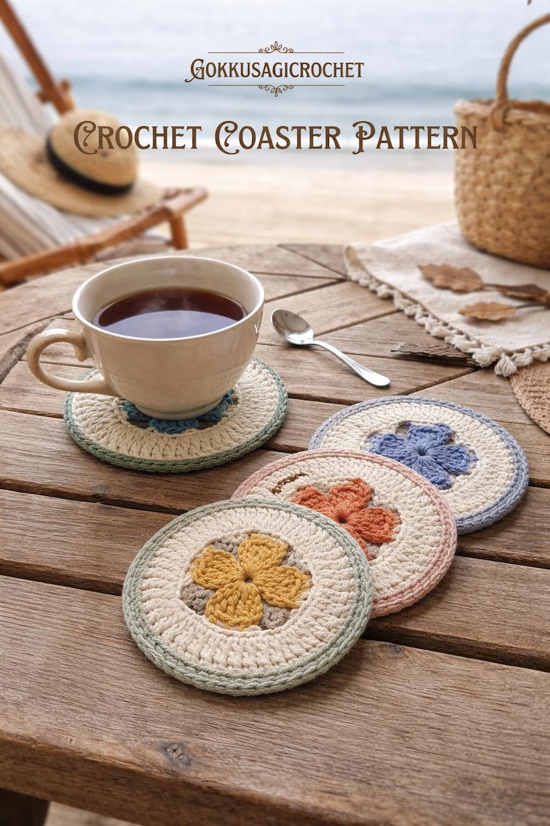 K&ouml;nnte beinhalten: Handgefertigte H&auml;keluntersetzer in Creme, Blau, Orange und Gelb mit floralen Designs, auf einem Holztisch angeordnet. Eine Tasse Tee steht auf einem Untersetzer. Der Text "CROCHET COASTER PATTERN" ist im Bild zu sehen.