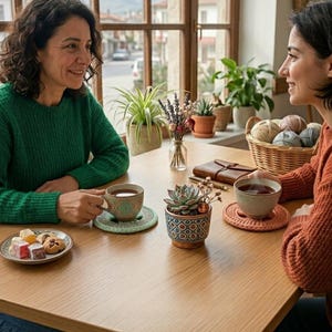 K&ouml;nnte beinhalten: Zwei Personen sitzen an einem Holztisch und genie&szlig;en Tee. Ein kleiner Teller mit Keksen und t&uuml;rkischem Honig steht auf dem Tisch. Eine Sukkulente in einem gemusterten Topf und ein Korb mit Garn sind ebenfalls vorhanden.