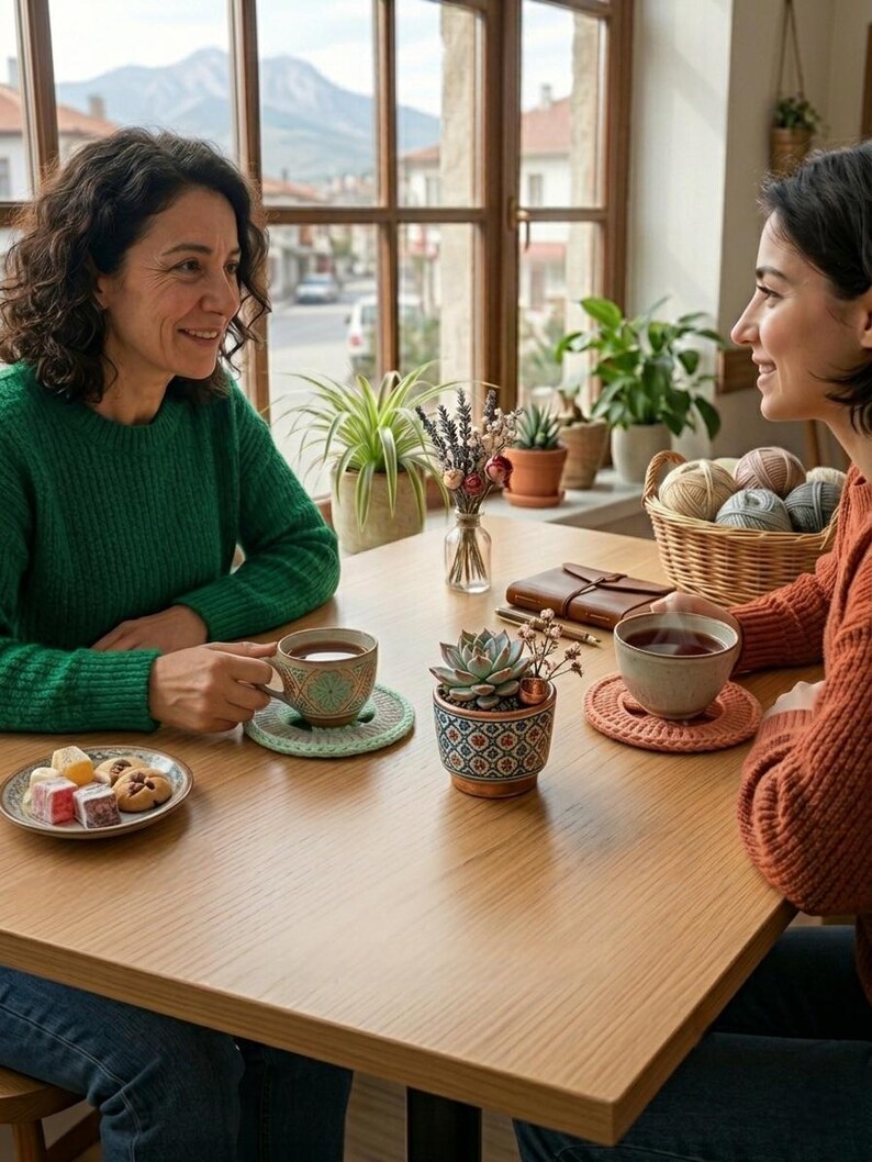 K&ouml;nnte beinhalten: Zwei Personen sitzen an einem Holztisch und genie&szlig;en Tee. Ein kleiner Teller mit Keksen und t&uuml;rkischem Honig steht auf dem Tisch. Eine Sukkulente in einem gemusterten Topf und ein Korb mit Garn sind ebenfalls vorhanden.
