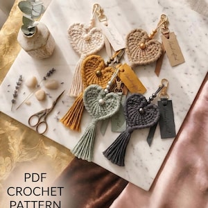 Patroon gehaakt hart sleutelhanger, Tunesische stijl tashanger tutorial pdf, handgemaakt huwelijkscadeau