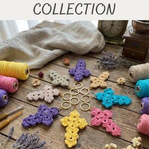 May include: A collection of colorful crochet cross keychains arranged on a wooden surface. The keychains are in various colors, including yellow, purple, pink, and blue. The image also includes spools of yarn, crochet hooks, and dried flowers. Text at the top reads "CROCHET PATTERN COLLECTION."