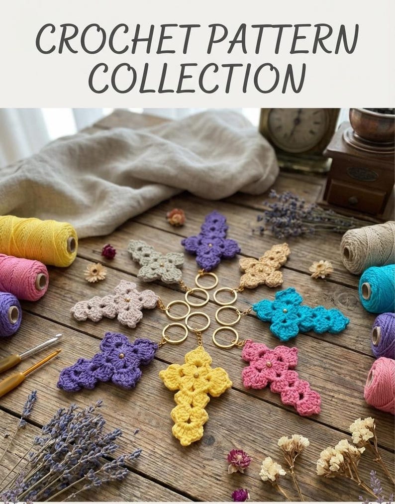 May include: A collection of colorful crochet cross keychains arranged on a wooden surface. The keychains are in various colors, including yellow, purple, pink, and blue. The image also includes spools of yarn, crochet hooks, and dried flowers. Text at the top reads "CROCHET PATTERN COLLECTION."