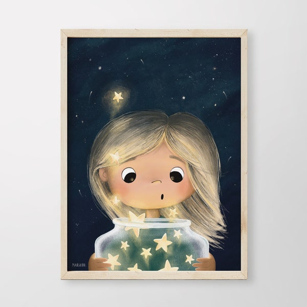 Kinderzimmerposter | Sternenzauber | Kunstdruck Kinderzimmer | Magische Illustration | Fliegende Sterne im Glas | A4