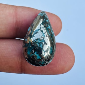 Gema de matriz de cobre turquesa con pirita, cristal curativo natural, material para joyería artesanal, cabujón de diseño de 26 x 14 mm.