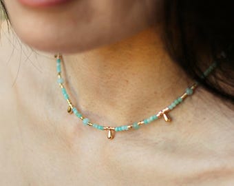 Handmade Beaded Amazonite Necklace | Minimalist Boho Jewellery with Real Gemstones & Gold Teardrops, dainty necklace for gift, beaded choker
