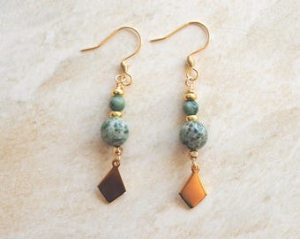 Jasper green drop earrings, 18k gold dangle earrings. Gemstone jewellery handmade in Australia.
