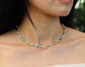 Amazonite beaded necklace 18k gold natural gemstone, handmade in Australia from natural semi-precious stones. Adjustable boho chic necklace