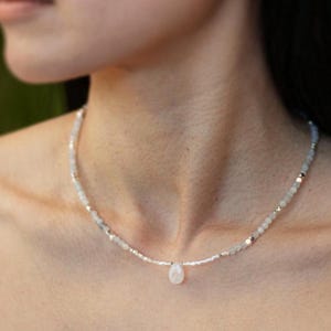 Aquamarine dainty silver necklace, choker with Moonstone droplet semi-precious beaded necklace, real gemstone jewellery, delicate, boho