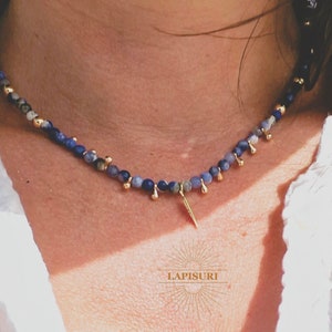 Sodalite 18K gold beaded necklace with teardrop. Genuine gemstones, handmade choker. Gift for her, birthday gift. Gift for mum mother&#39;s day