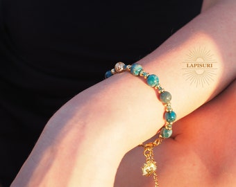 Blue Apatite natural gemstone bracelet 18k gold handmade. Beaded jewellery, evil eye charm.