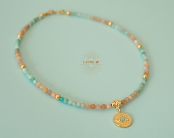 Amazonite & peach moonstone beaded necklace with Evil Eye pendant. Gold plated boho chic necklace, genuine gemstones handmade