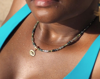 Green gemstone beaded necklace with gold evil eye pendant, handmade in Melbourne, labradorite, agate & fuchsite jewellery