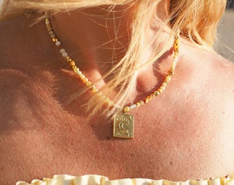 Australian yellow opal beaded necklace, handmade in Australia unique jewellery 18K gold sun pendant