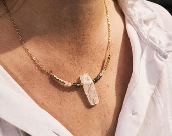Raw Quartz, Labradorite & Moonstone 18K Gold Necklace, Handmade Boho Jewelry