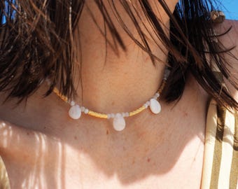 Moonstone teardrop necklace, boho choker tiny droplet, 18k gold adjustable beaded necklace, boho wedding necklace, bohemian style handmade