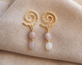 Dangle drop gemstone earrings, 18k gold rose quartz spiral earrings, boho jewellery, wedding accessories