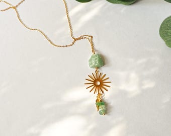 Raw Green Aventurine Necklace, sun pendant gold, Handmade in Australia. Natural Gemstone jewellery.