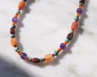 Colourful gemstones beaded necklace, Amethyst, Aventurine, Jasper & Garnet, Virgo birthstone jewellery, Aquarius birthstone