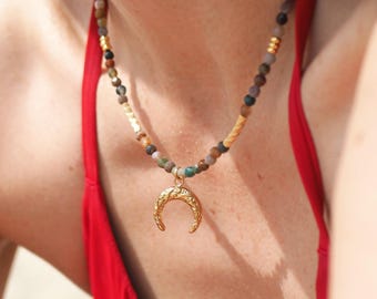 Indian Agate natural beaded necklace, crescent moon pendant 18k gold handmade choker, gemstone jewellery