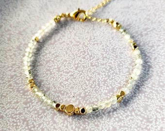 Prehnite dainty beaded bracelet handmade in Australia from natural gemstones. Delicate minimalist 18k gold jewellery healing gemstones