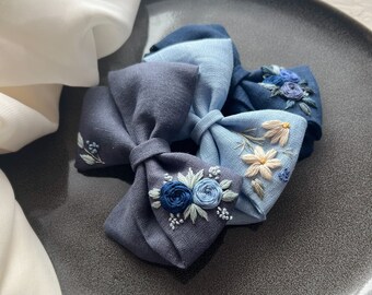 Floral linen bow, spring outfit for child and girl, eco-friendly, beautiful birthday gift, boho style natural, hair clip accessories, flower